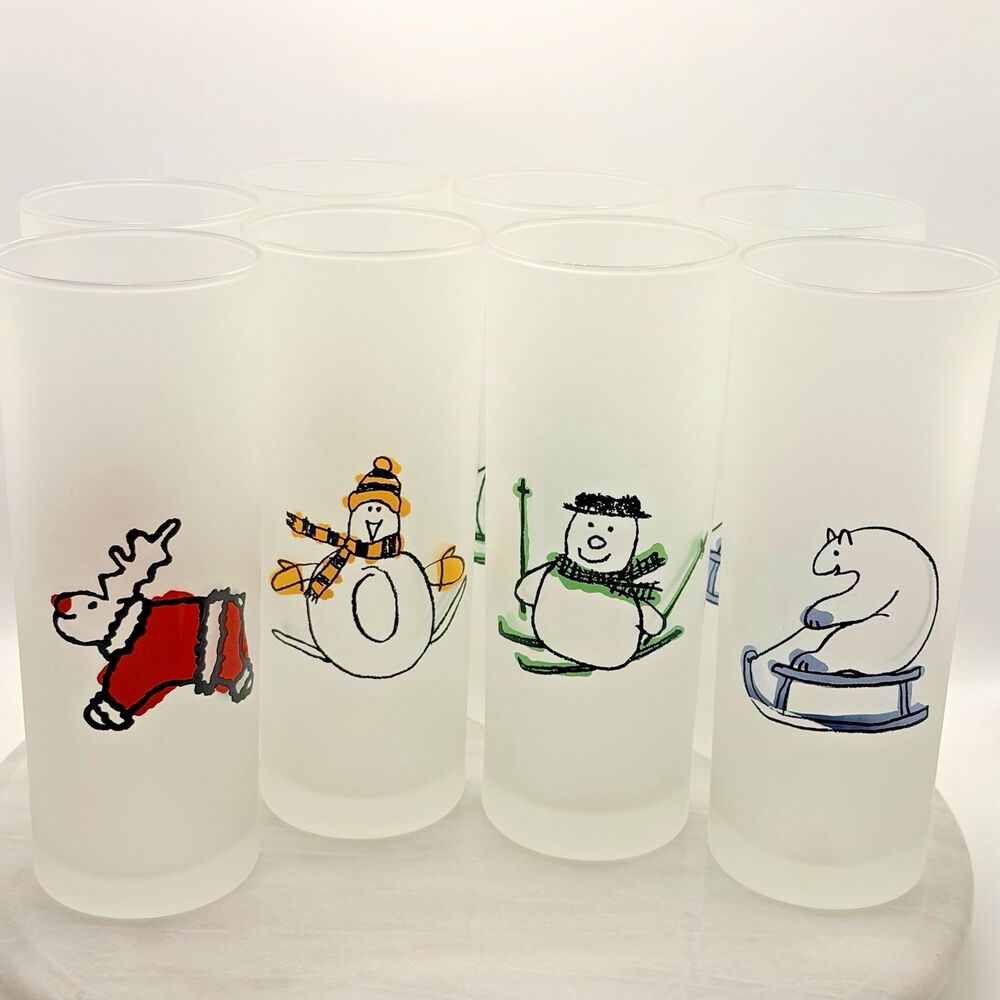 Vintage Dartington Frosted Christmas Highball Glasses Set 8 Winter Holiday 6"